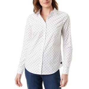 Gloria Vanderbilt Shirt Womens Size M White Diamond Dot Fitted Button-Up Stretch